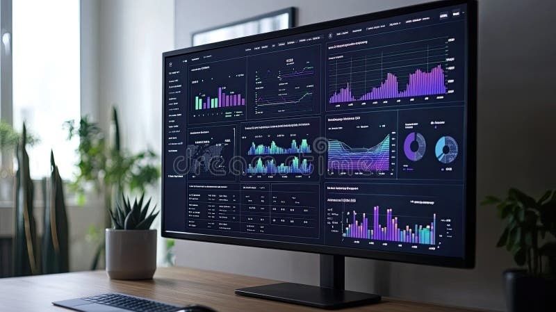 Stor skärm med färgstarka analysdiagram på ett skrivbord
